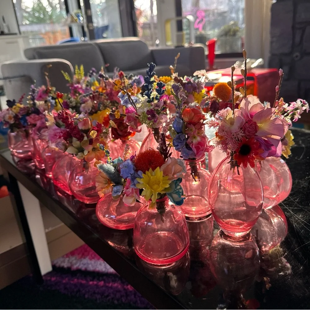 Lot Of 24 Custom Wedding Pink Glass Bud Vases Bundle One-Of-A-Kind With Flowers
